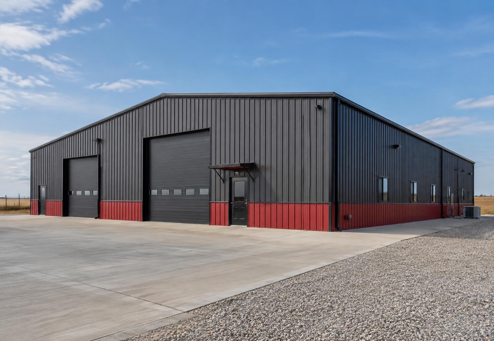Completed metal building with vertical wall panel siding and trim