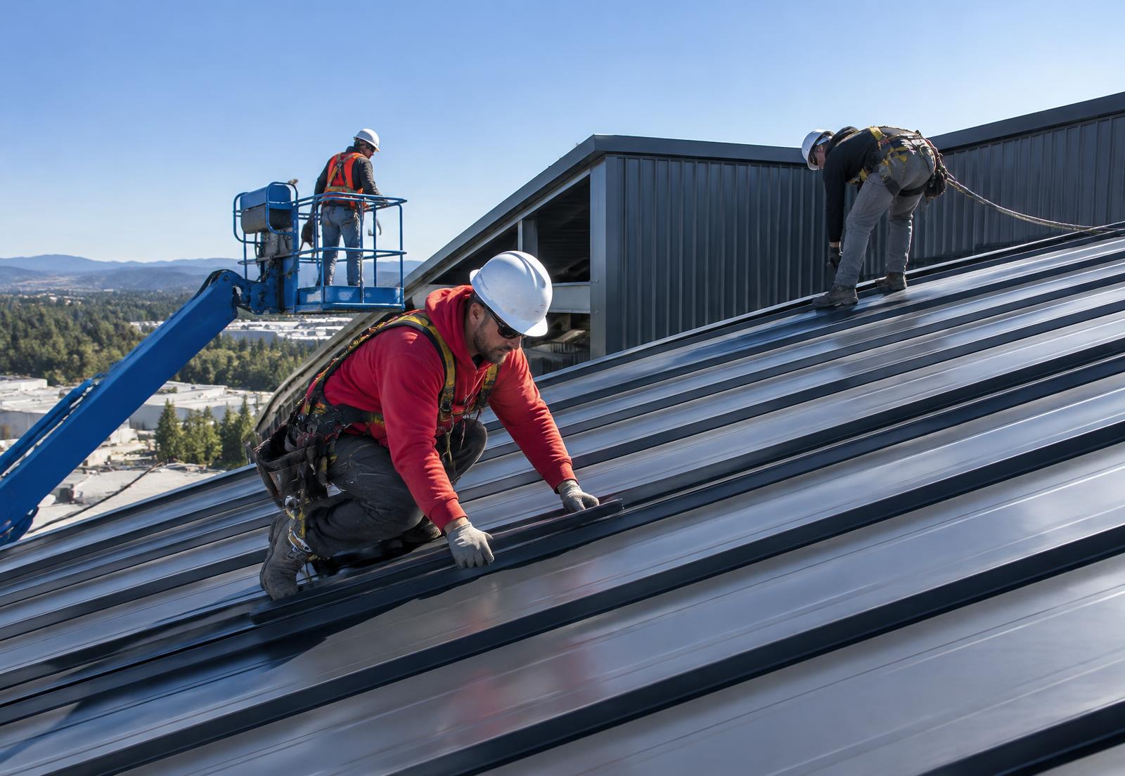 Crew installing standing seam metal roof panels on a steel building